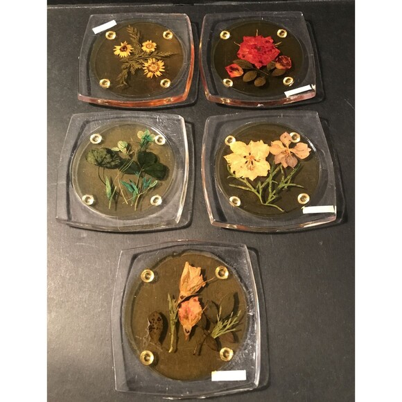 Other - Vintage Coasters with Pressed Flowers Coaster Set Acrylic 5 Pieces